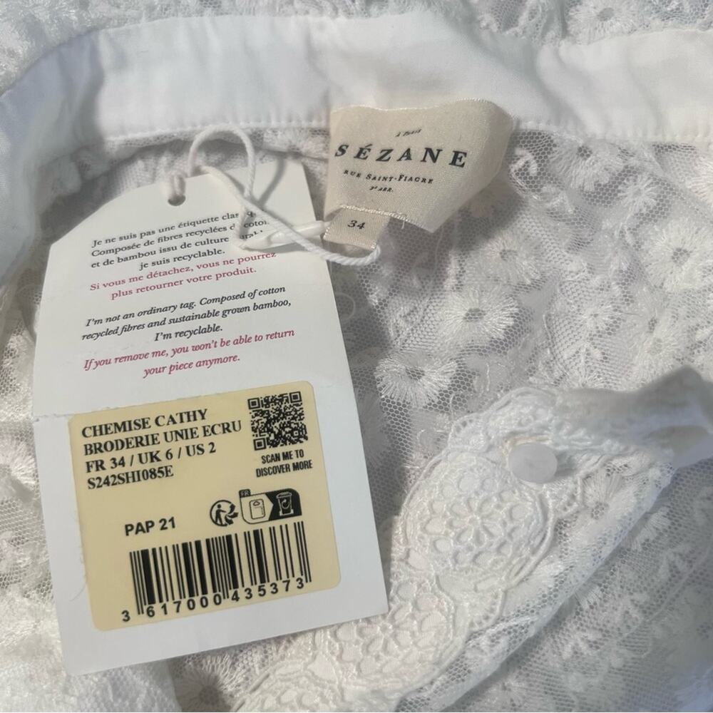 NEW Sezane Chemise Cathy  Broderie Button Front Top Sz 34 US XS/2 - Picture 8 of 9